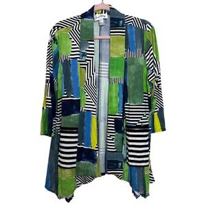 Joseph Ribkoff Abstract Patchwork Cardigan 16 Open Watercolor Stripe Art Top y2k